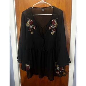 Torrid Floral Embroidered Black Sheer Top